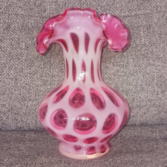 Fenton Cranberry Opalescent Coin Spot Vase - Picture 2 of 5